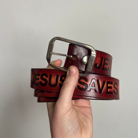 Vintage 70’s Jesus Saves Christian Fish Brown Leather Tooled Belt main image 2